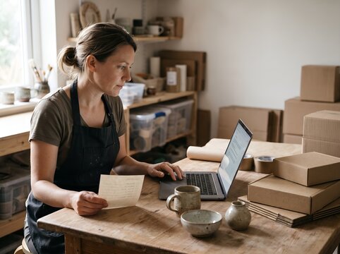 Small Business Owner Managing Inventory with AI