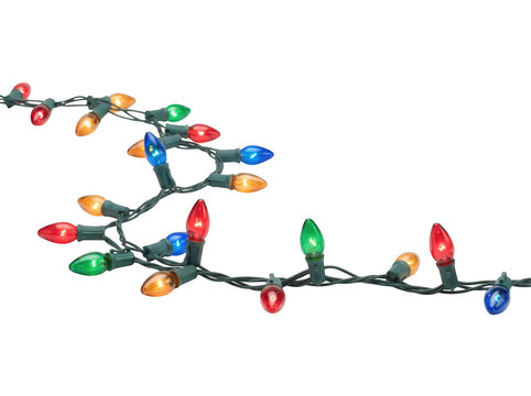 Colorful festive string lights glowing in dark wire design as isolated on transparent background