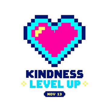 Pixel art heart graphic with kindness level up text design