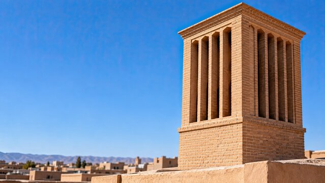 A sunlit brick badgir wind tower rises above desert rooftops beneath a clear blue sky and distant mountains.