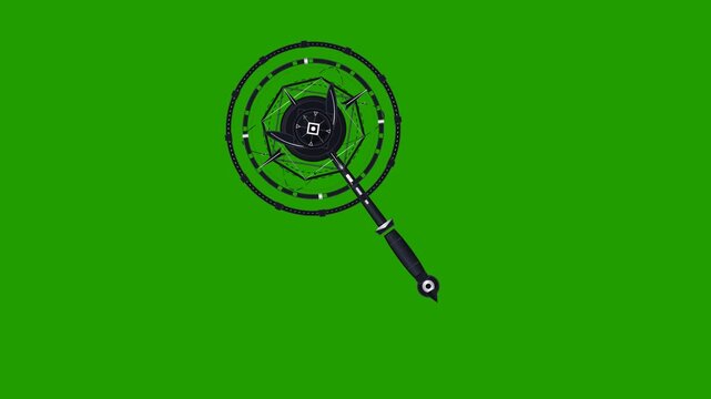 Dark Mystic Wizard Staff with Glowing Arcane Magic Circles and Ancient Runic Patterns for Halloween Fantasy Special Effects, High Quality 3D Animation Isolated on Green Screen Chroma Key