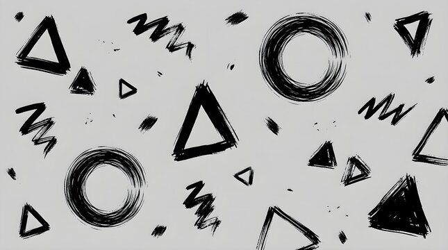 Abstract pattern with hand drawn black ink brush circles triangles and zigzag lines on a simple light gray background