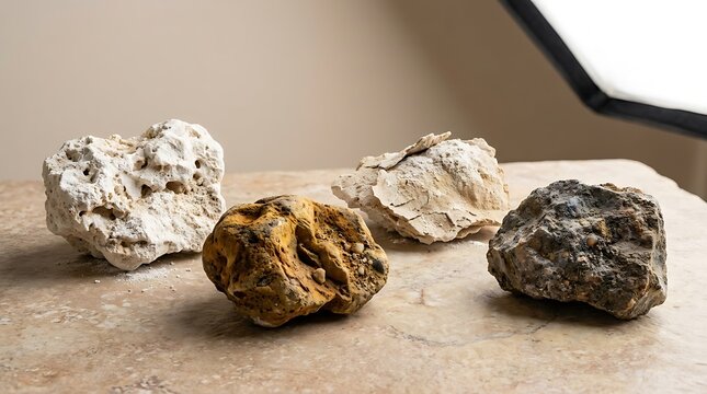 Variety of rocks and minerals displayed on a light marble surface with a soft, diffused light source on side.