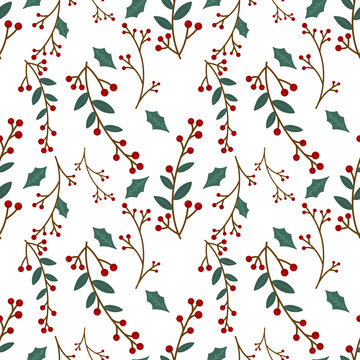 Festive seamless pattern featuring red holly berries, dark green leaves, and delicate brown branches on a clean white background. This classic botanical Christmas design is ideal for holiday wrapping 