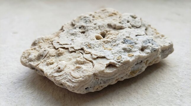 Natural white stone specimen showing layered sedimentary rock formations with organic textures and porous surface details captured on neutral studio background light.