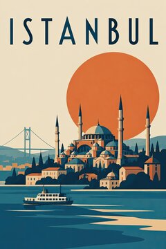 Vintage Istanbul travel poster featuring a stylized skyline of domed mosques and minarets beside the Bosphorus at sunset.