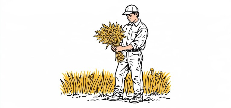 In a rustic field, a young man holds golden wheat in simple line art, evoking a Labor Day celebration.