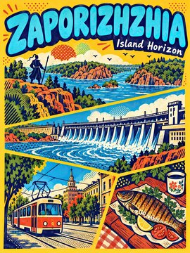 Colorful illustrated travel poster for Zaporizhzhia Island Horizon featuring river scenery, a dam, city tram, and grilled fish.