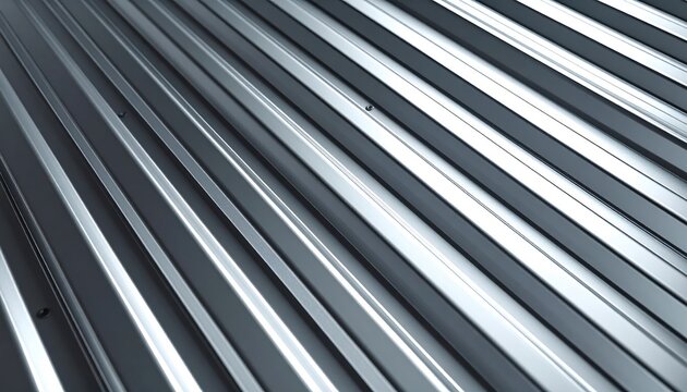 Corrugated galvanized metal sheet with parallel silver ridges, realistic industrial surface texture, construction material product photography, soft studio shadows