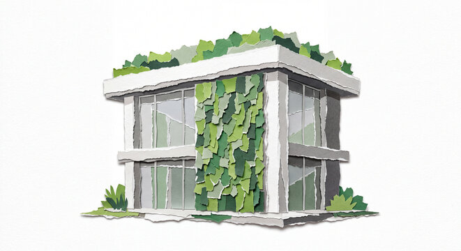 Eco-Friendly Green Building Ripped Paper Craft Illustration Isolated on White Background, Sustainable Architecture Torn Paper Design