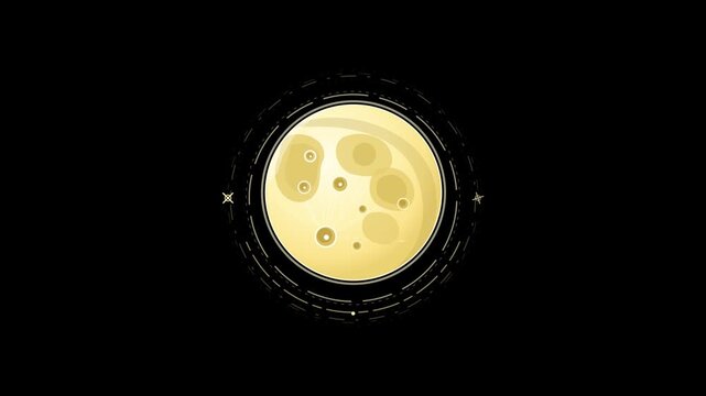 Stylized flat design 2d animation of a glowing yellow full moon with craters and circular technical interface elements on a black background, ideal for a spooky hallowen night sky or sci-fi theme.