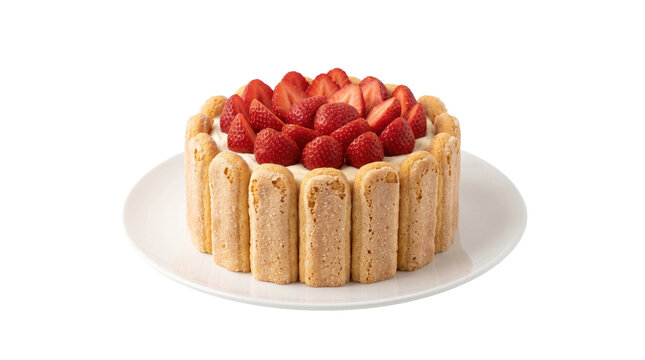 Delicious strawberry charlotte cake with ladyfingers on a transparent background