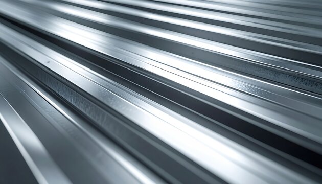 Corrugated galvanized metal sheet with parallel silver ridges, realistic industrial surface texture, construction material product photography, soft studio shadows