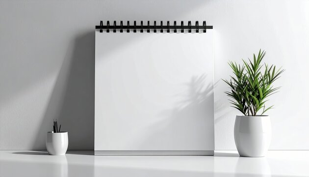 Generic white wall calendar with blank pages and simple black binding, front view, minimalist stationery mockup, no readable text