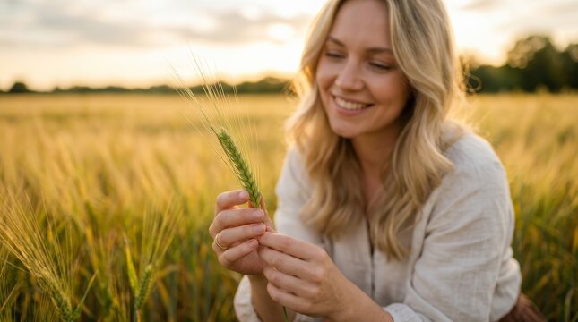 Close-up of a woman holding a single wheat spikelet representing gluten intolerance challenges.