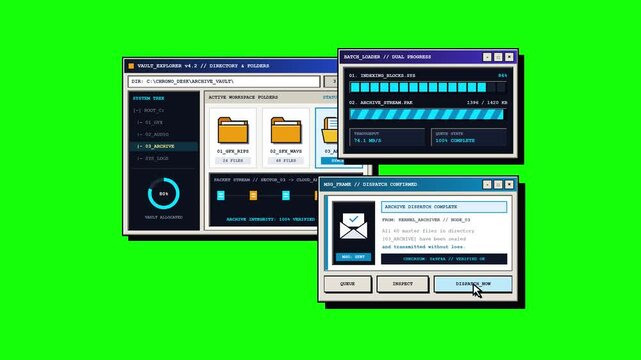 Retro Desktop Computer Interface with Message Frames Loading Bars Buttons and Folders Green Screen Loop