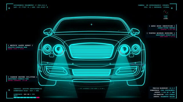 Cyberpunk vector wireframe animation of a luxury sports car with dynamic blueprint path tracing on pure black background for screen blending.