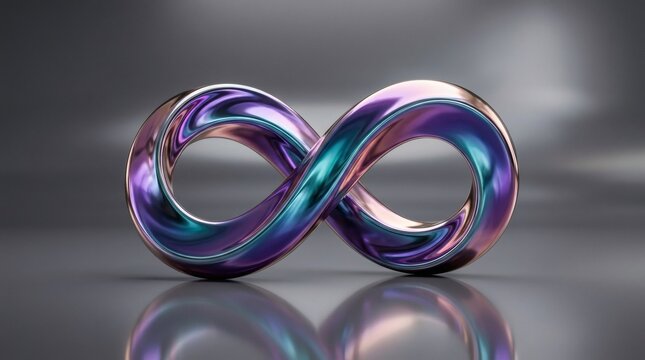 Metallic infinity symbol with rainbow iridescent finish on dark reflective surface representing eternity and loop concept.