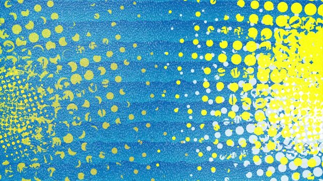 Bright blue textured background with bold yellow and white halftone dots and distressed graphic shapes. Vibrant pop art abstract motion design. Seamless loop. Video animation Ultra HD 4K 3840x2160
