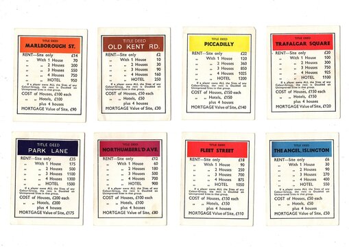 Vintage title deed property cards from the board game Monopoly on a white background.
