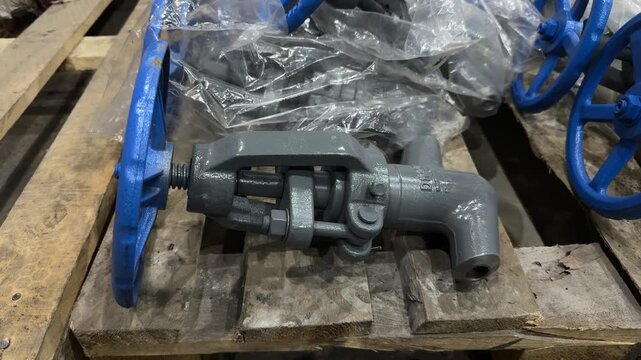 Gray industrial angle valve with blue handwheel and threaded outlet on a wooden pallet, manual flow control, pipeline equipment, warehouse storage