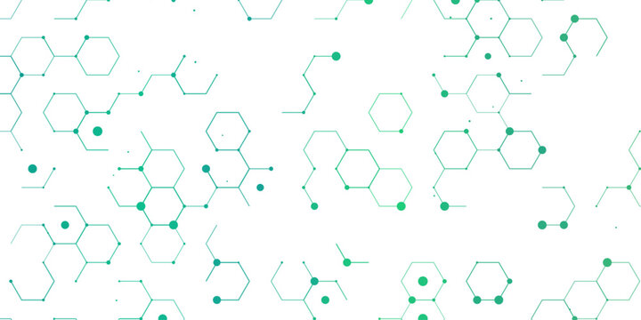 Abstract scientific illustration of hexagonal molecular structures and interconnected nodes, representing chemistry and biotechnology in a clean, modern design.