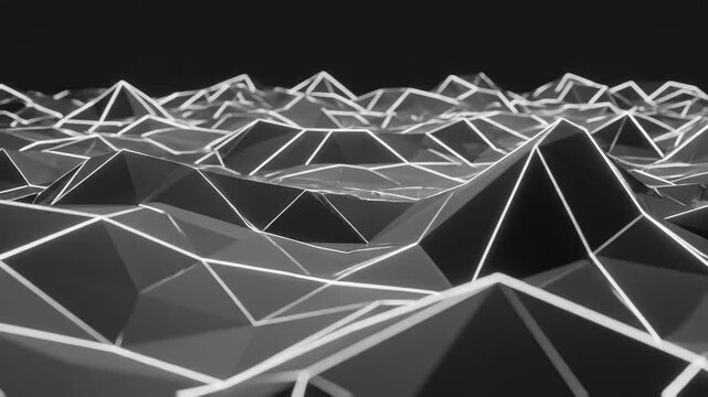 Futuristic Digital Terrain featuring low-poly geometric mountains with glowing white wireframe edges on a dark background, ideal for technology backgrounds and sci-fi motion graphics.