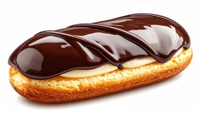 Cream-filled chocolate eclair with glossy chocolate topping, realistic pastry texture, isolated on white background