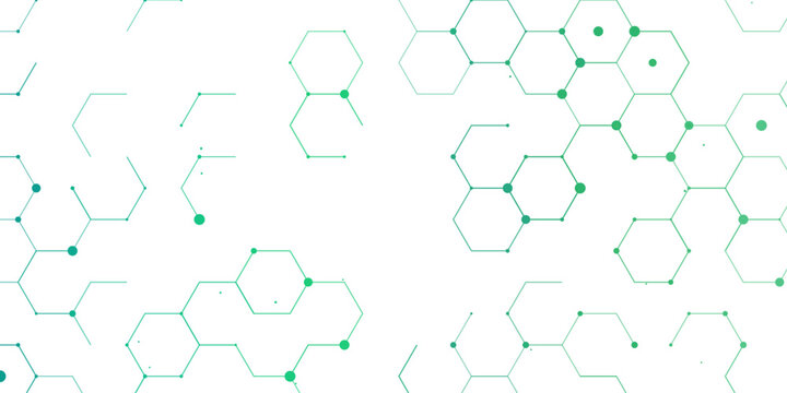 Abstract hexagonal molecular structure pattern with green nodes and lines against a white background. This scientific graphic represents a concept of data connection, network, or scientific research.