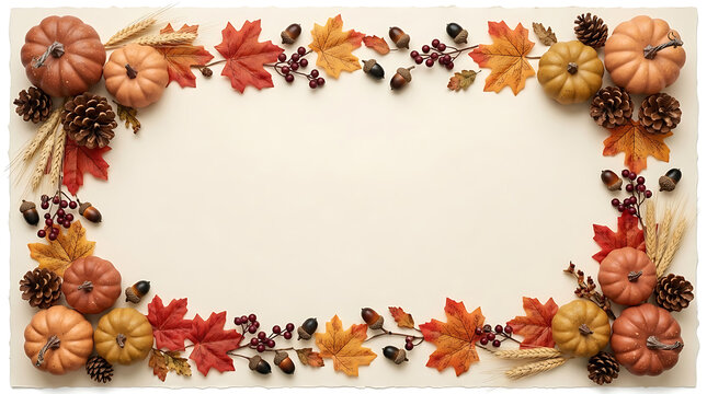 Elegant Autumn Pumpkin and Maple Leaves Border with Rustic Fall Decorations on Cream Background