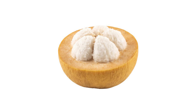 Half-cut bael fruit with pulp on a transparent background