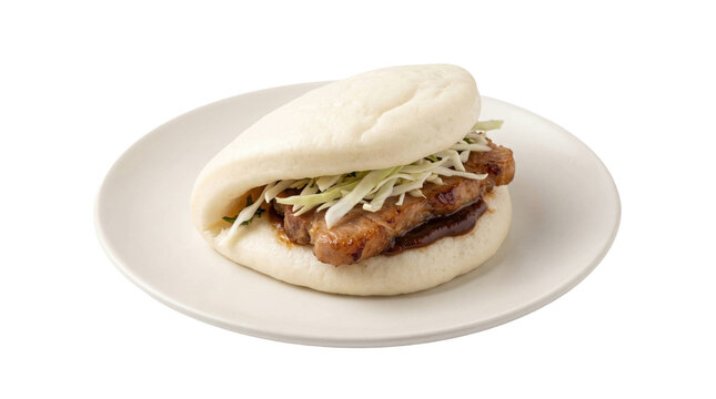 Steamed bao bun with grilled pork and shredded cabbage on a transparent background