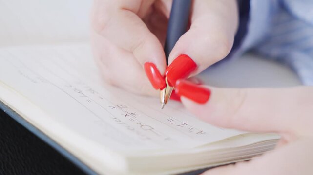 Businesswoman or programmer writing report coding at office. Leadership development remote work taking note digital logic code. Teacher education learning cybersecurity. Close up hand write on book
