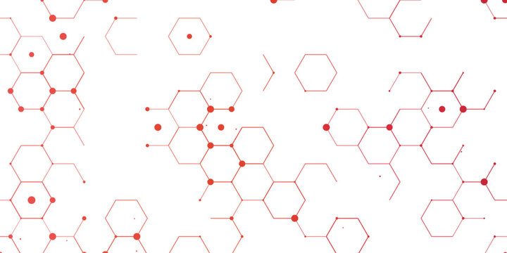 Abstract geometric pattern of red hexagons and dots forming a complex molecular structure on a white background, suggesting science and technology.