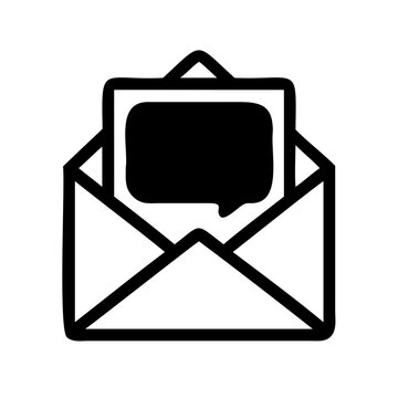 Minimal envelope icon with speech bubble - Clean black and white envelope icon featuring a speech bubble, perfect for messaging or notification designs.