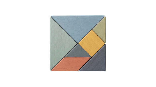 Geometric wooden puzzle with multicolored tangram pieces on a transparent background