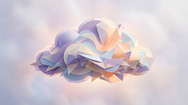 Abstract geometric cloud shape with pastel colors and floating fragments for dreamlike digital art concepts.