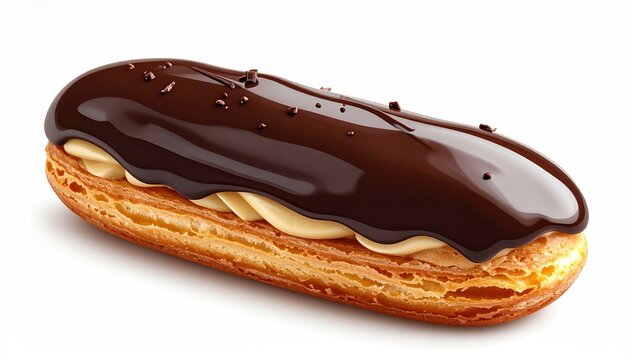 Cream-filled chocolate eclair with glossy chocolate topping, realistic pastry texture, isolated on white background