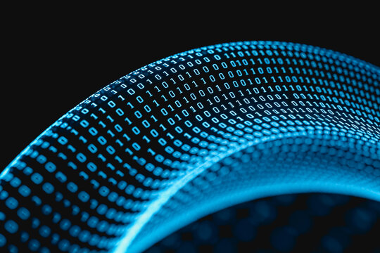 A dynamic 3D wave formed by glowing binary code particles, representing digital data and information technology.