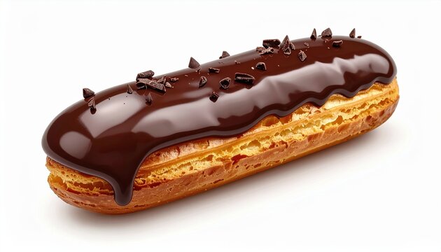 Cream-filled chocolate eclair with glossy chocolate topping, realistic pastry texture, isolated on white background