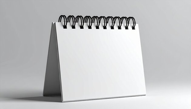 Generic white wall calendar with blank pages and simple black binding, front view, minimalist stationery mockup, no readable text