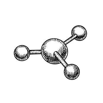 Molecular sketch structure model, spherical atoms. Chemistry education, biology textbooks, laboratory presentations, scientific concept. Hand drawn isolated vector illustration.