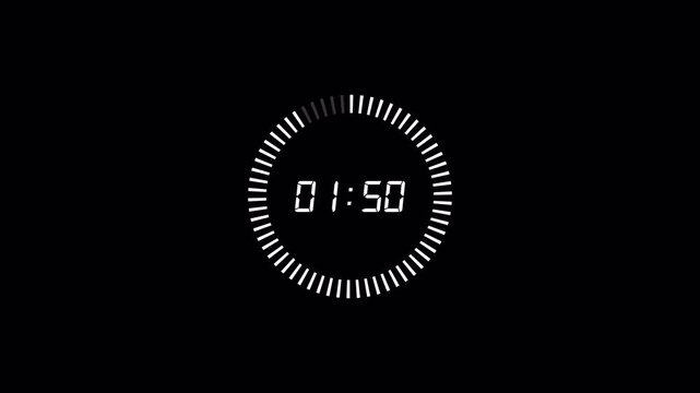 2 Minute Countdown Digital Timer Animation,  two minute Countdown Timer Animation from 2 minute to 0 second on black background.