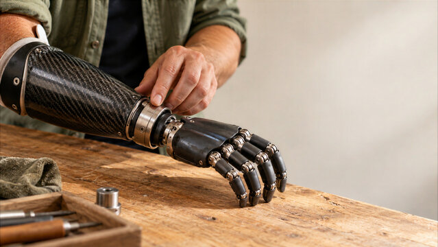 Close-Up of Man Adjusting Advanced Carbon Fiber Bionic Prosthetic Arm on Wooden Workshop Table, Representing Autonomy and Innovation in Disability Inclusion