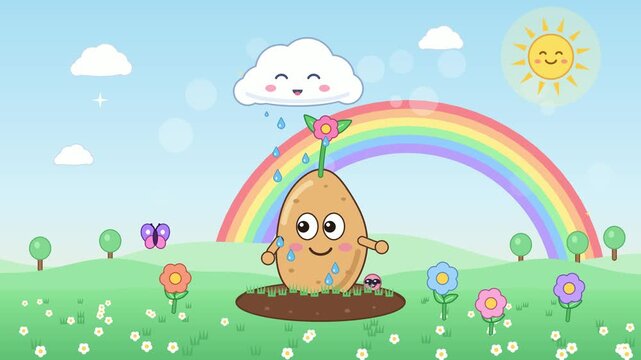 Cute pixel art potato character sprouting in a meadow with a rain cloud and rainbow.