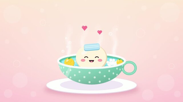 Cute Dumpling Relaxing in a Hot Spring Cup with Yuzu Citrus Fruits Vector Illustration