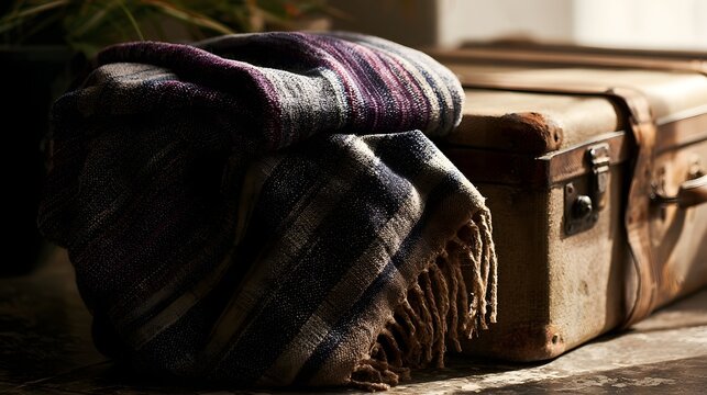 A folded striped blanket rests beside a vintage suitcase in warm  natural light  evoking travel and comfort