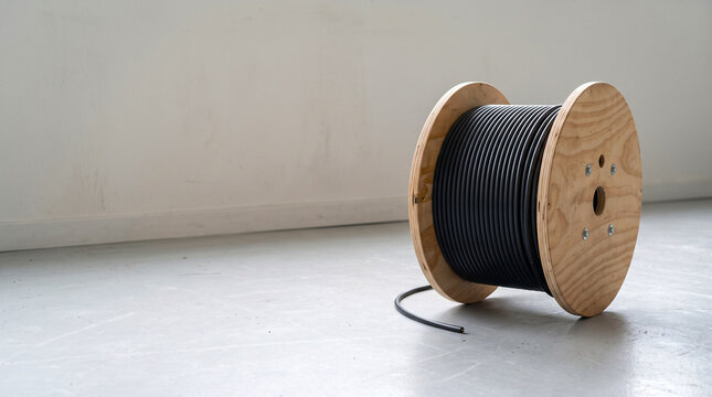 Black Fiber Optic Cable on Wooden Installation Reel