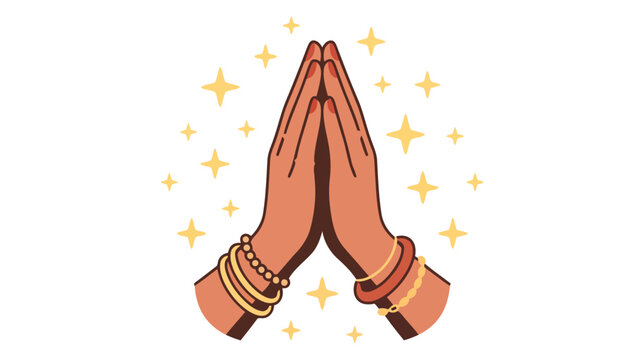 Namaste praying hands vector illustration with bangles, traditional Indian folded hands gesture, spiritual mudra design element with sparkles