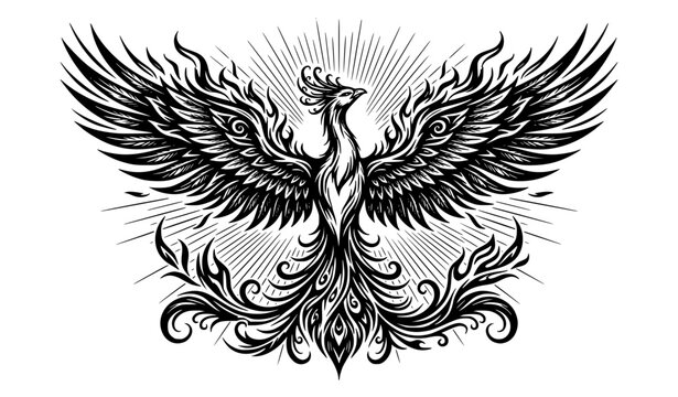 Black and White Phoenix Light Tattoo Design &ndash; Radiant Mythical Bird Vector Art